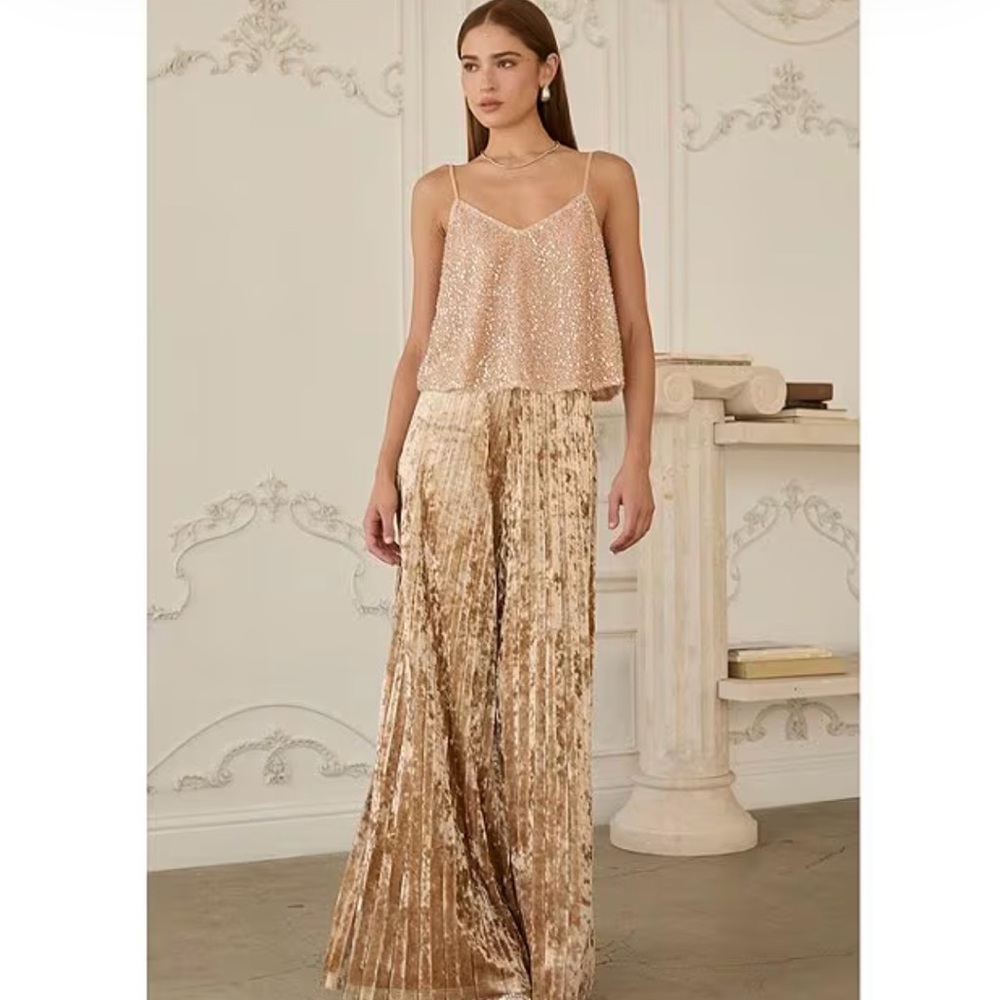 Skies Are Blue Crushed Velvet Pleated High Waist Wide Leg Pants